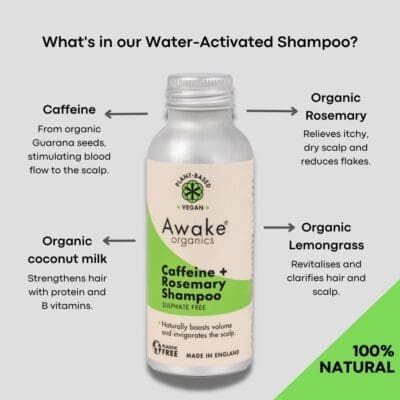 Caffeine and Rosemary Shampoo | Water-Activate Powder | For hair loss | Awake Organics