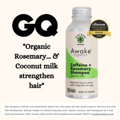 GQ Magazine Caffeine & Rosemary natural shampoo powder | Awake Organics